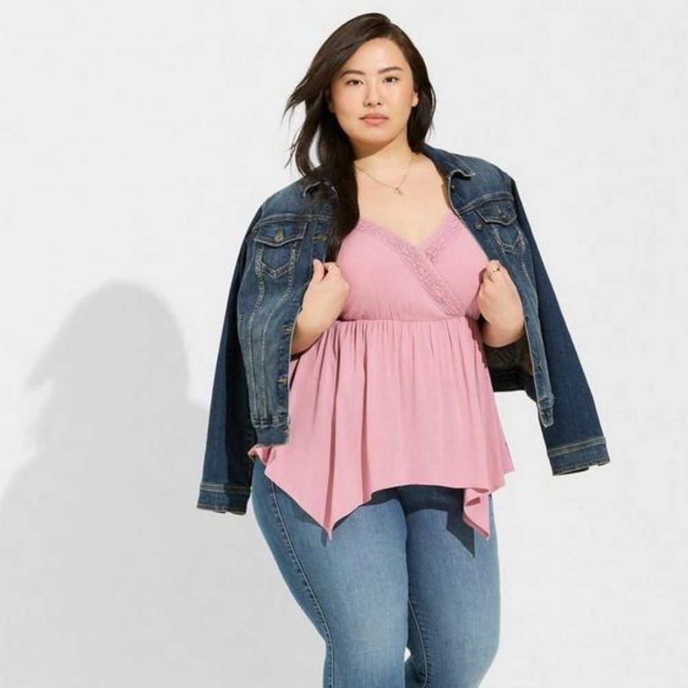 Torrid Size 0 Rayon Slub Lace Trim Babydoll Surplice Top